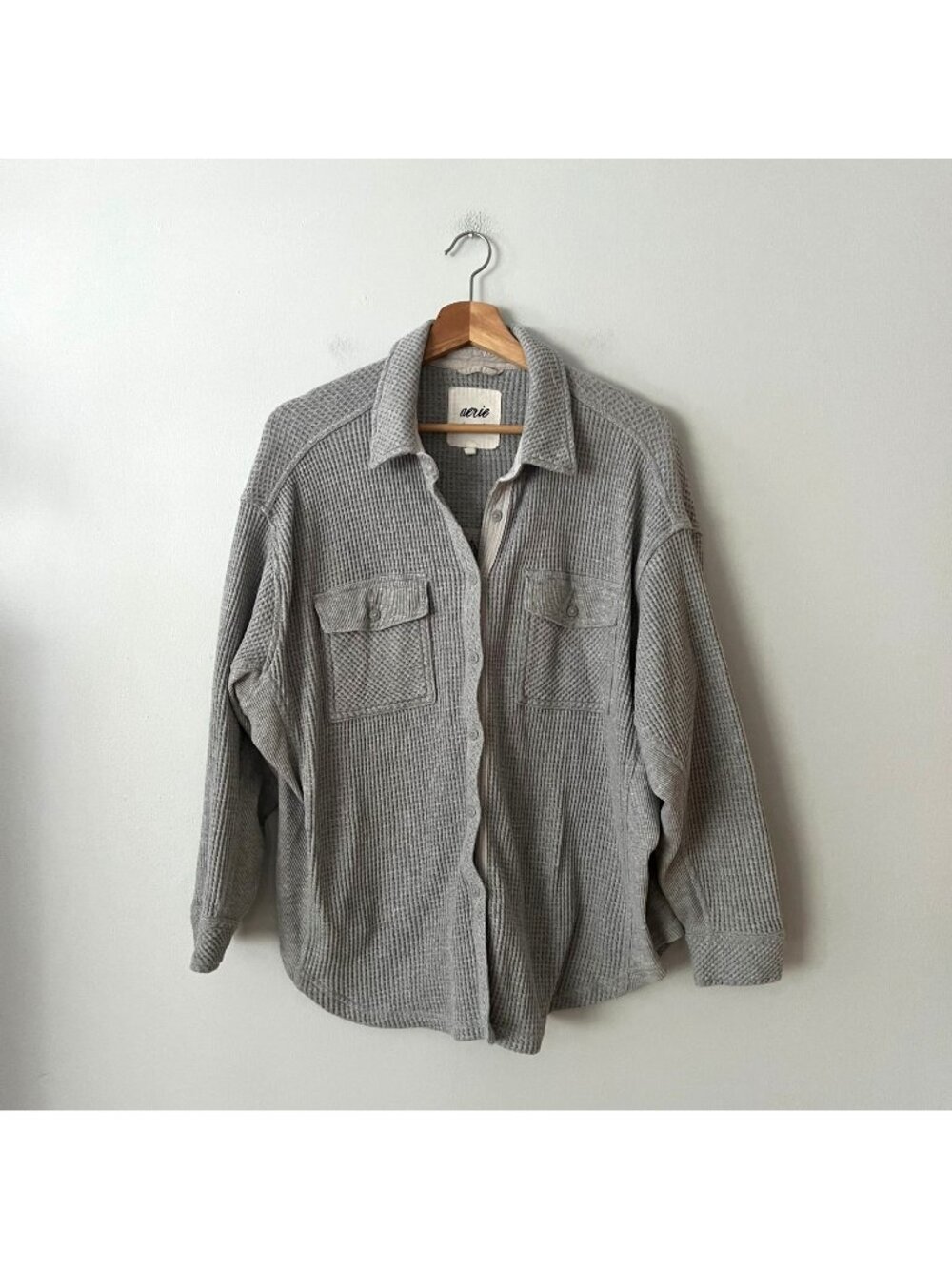 Aerie Lumberjane Waffle Oversized Button Up Shirt Gray Women's Size Medium